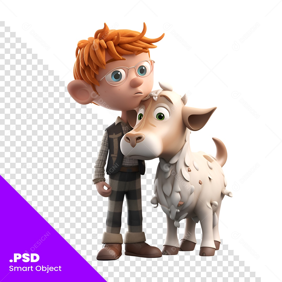 Garoto Com Uma Vaca Personagem 3D Para Composição PSD