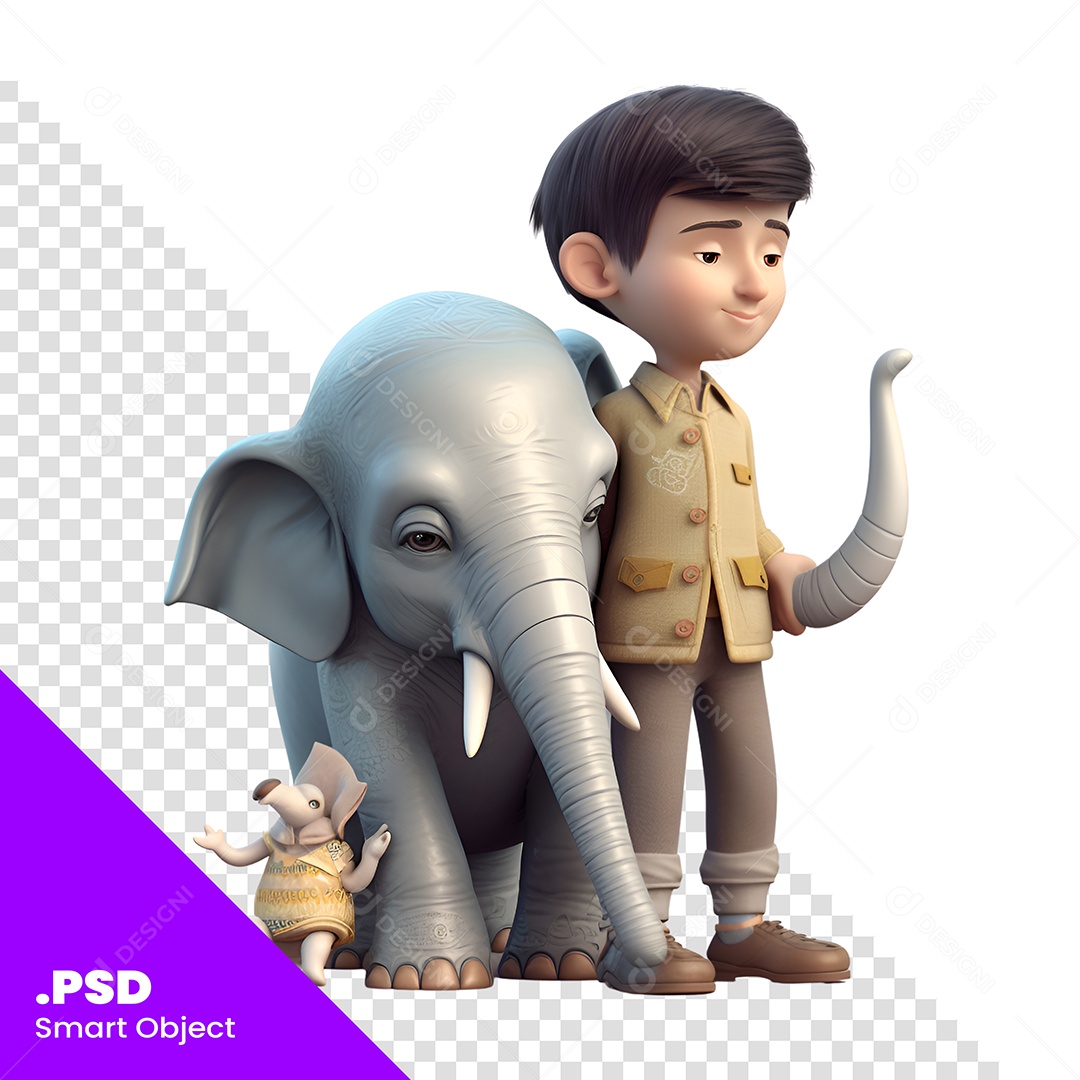 Garoto Com Elefante Personagem 3D Para Composição PSD