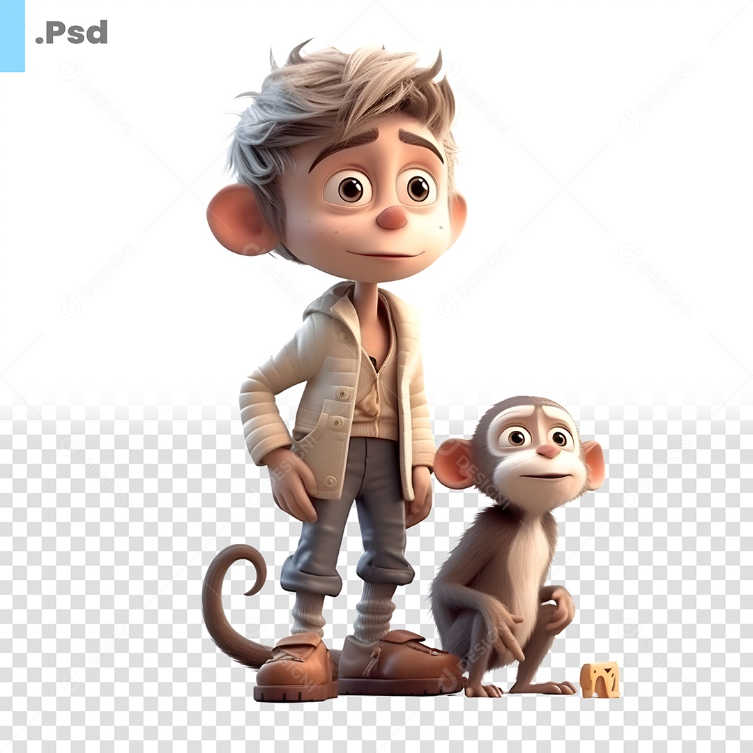 Garoto Com Um Macaco Personagem 3D Para Composição PSD