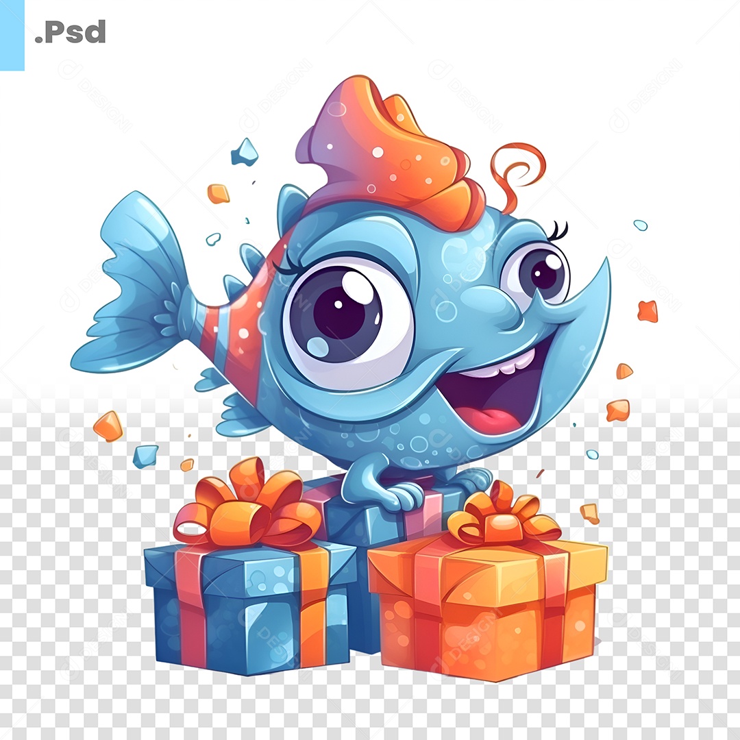 Peixe Ganhando Presentes Personagem 3D Para Composição PSD