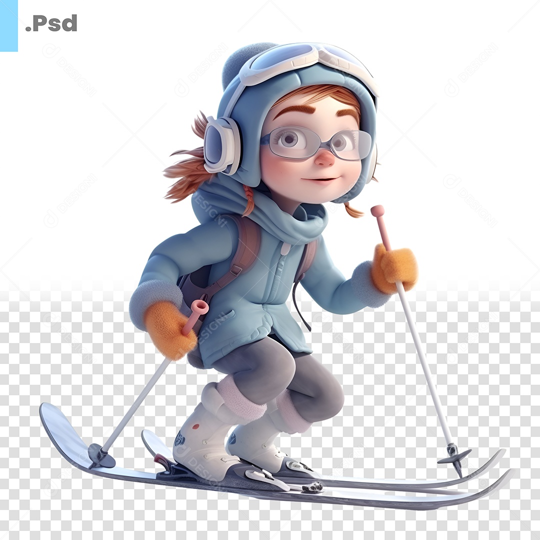 Personagem 3D Menina Esquiando Roupa De Frio Para Composição PSD
