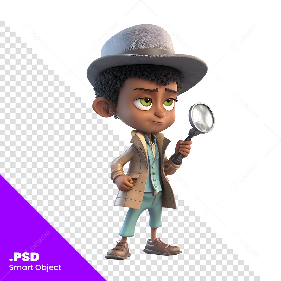 Personagem 3D Menino Detetive Com Lupa Para Composição PSD
