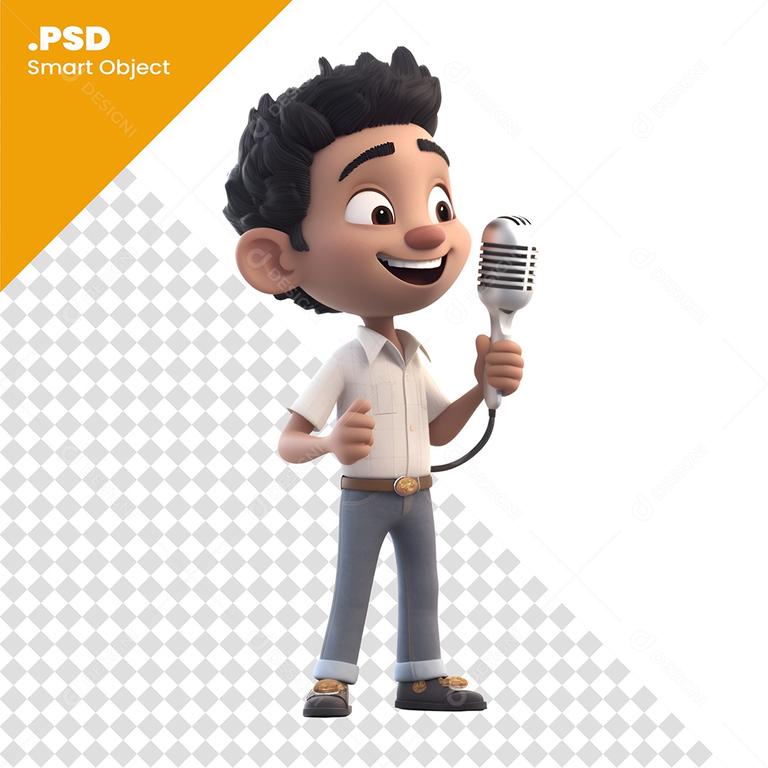 Personagem 3D Menino Com Microfone Cantando Para Composição PSD