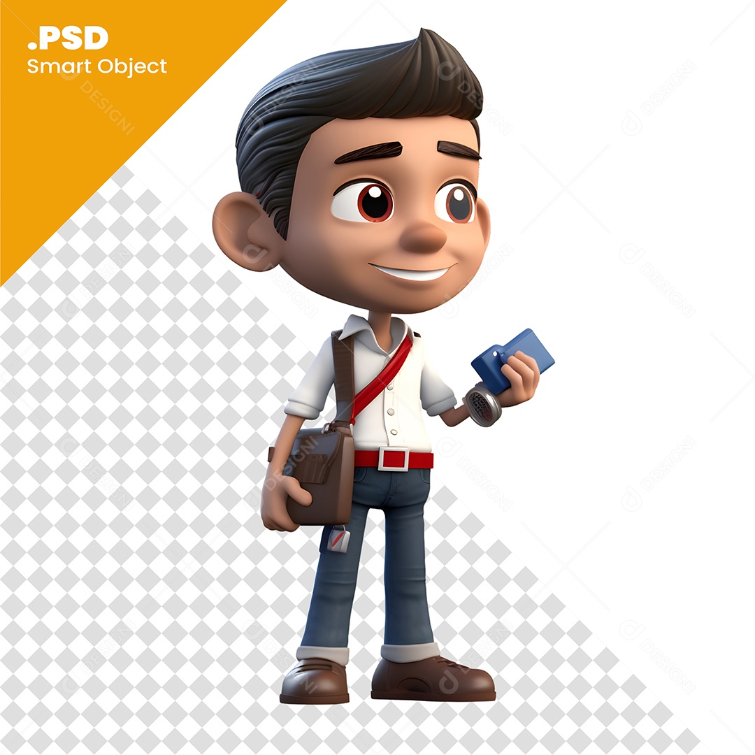 Personagem 3D Menino Sorrido Com Bolsa Para Composição PSD