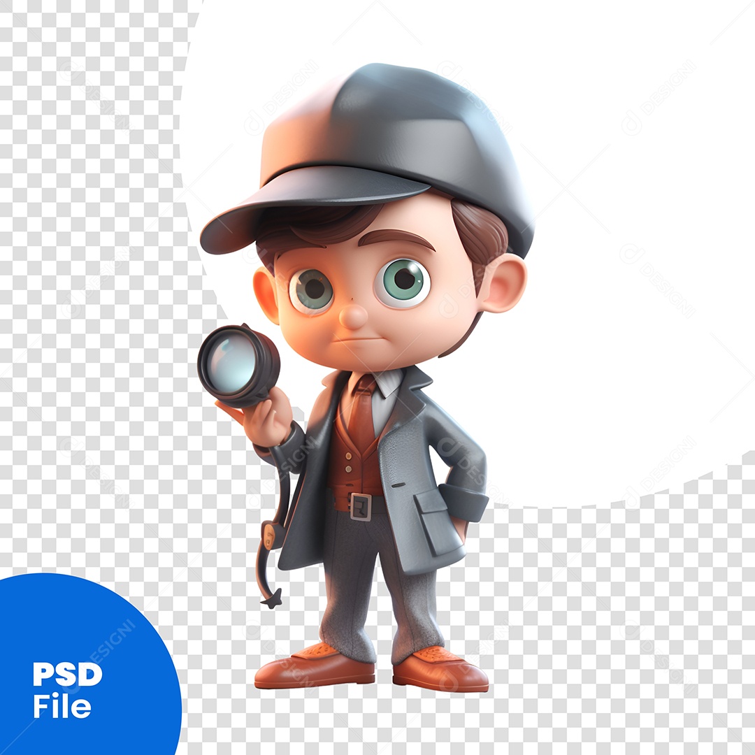 Personagem 3D Menino Com Lupa Na Mão Para Composição PSD