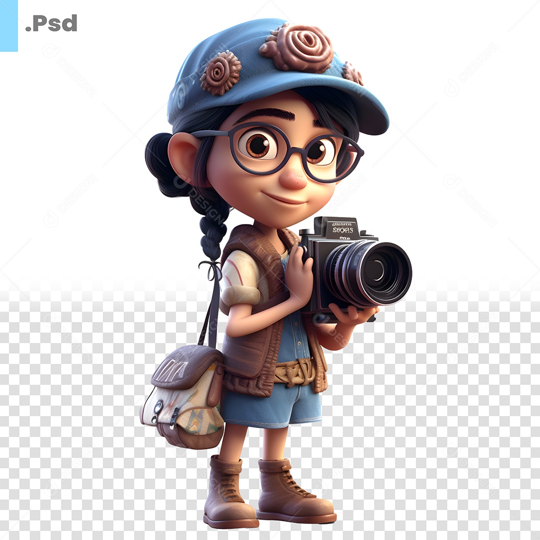 Personagem 3D Menina Com Câmera Fotográfica Para Composição PSD