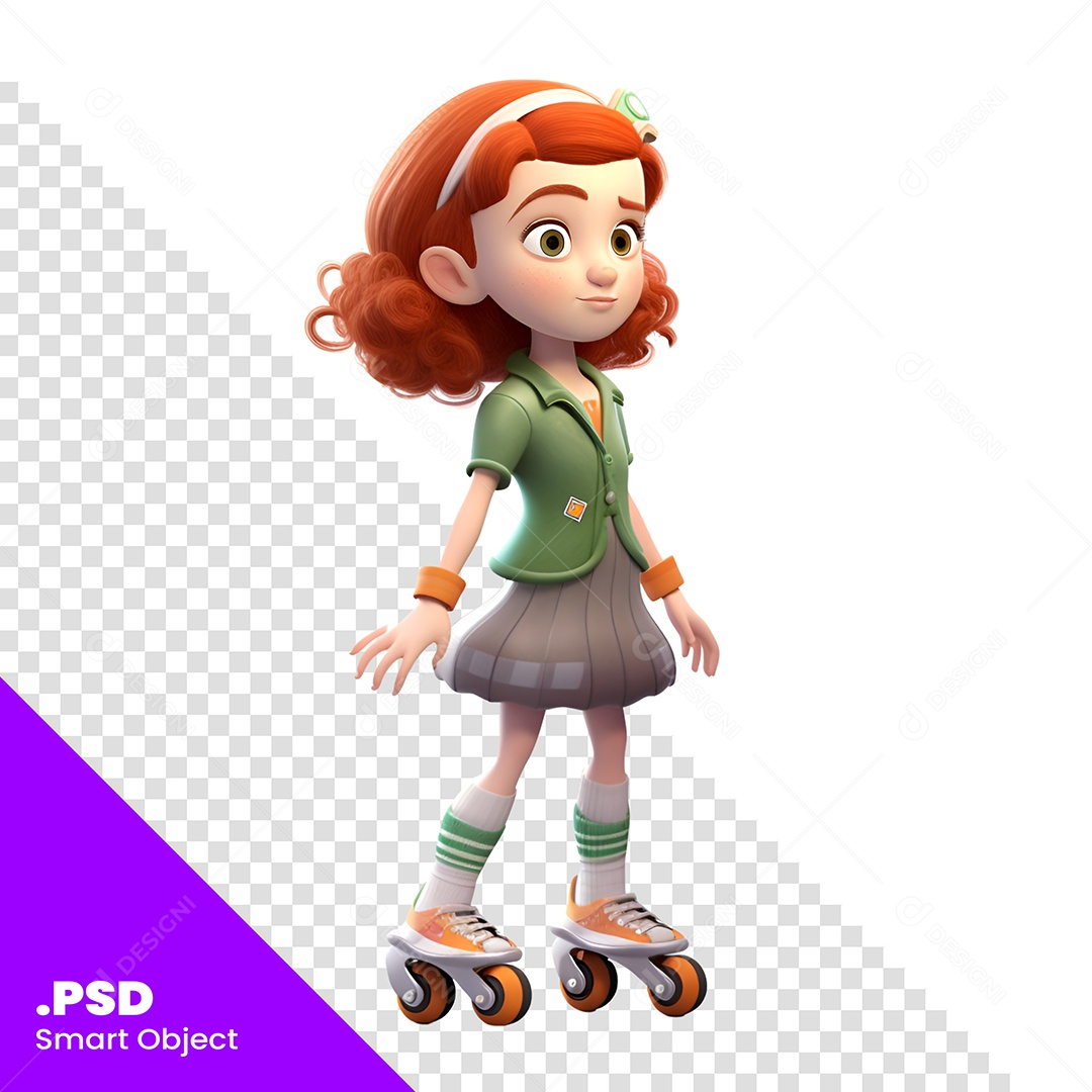 Personagem 3D Menina Andando de Patins Para Composição PSD