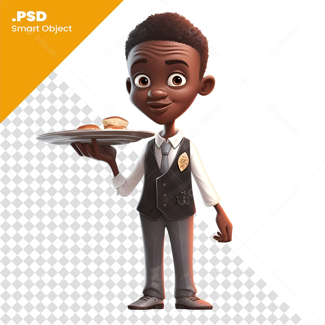 Personagem 3D Menino Moreno Garçom Com Bandeja Para Composição PSD