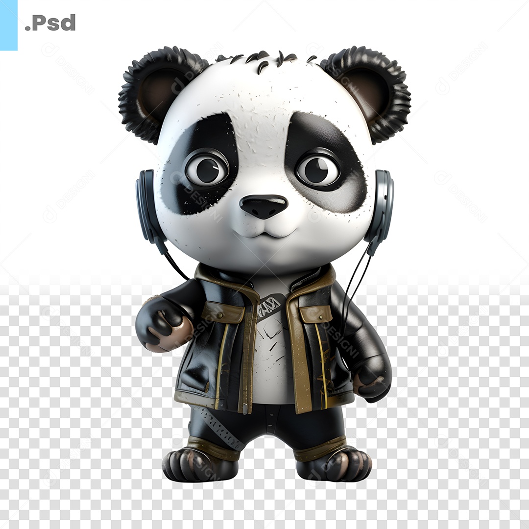 Personagem 3D Panda Com Fone De Ouvido Para Composição PSD