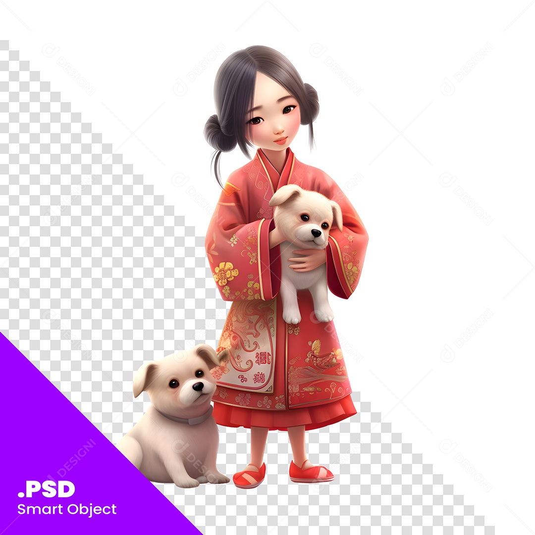 Personagem 3D Menina Japonesa Com 2 Cachorros Para Composição PSD