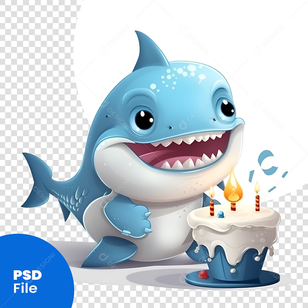 Personagem 3D Tubarão Com Bolo De Aniversário PSD Editável