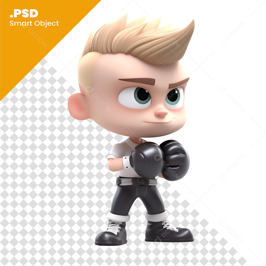 Personagem 3D Menino Loiro De Luva Preta Boxe Para Composição PSD