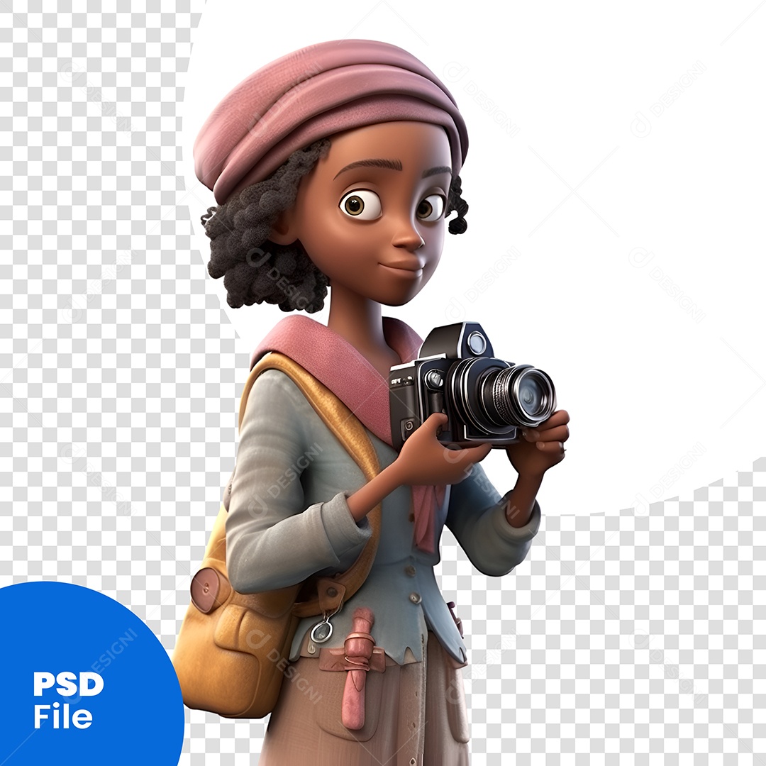 Personagem 3D Menina Morena Com Câmera Fotográfica Para Composição PSD