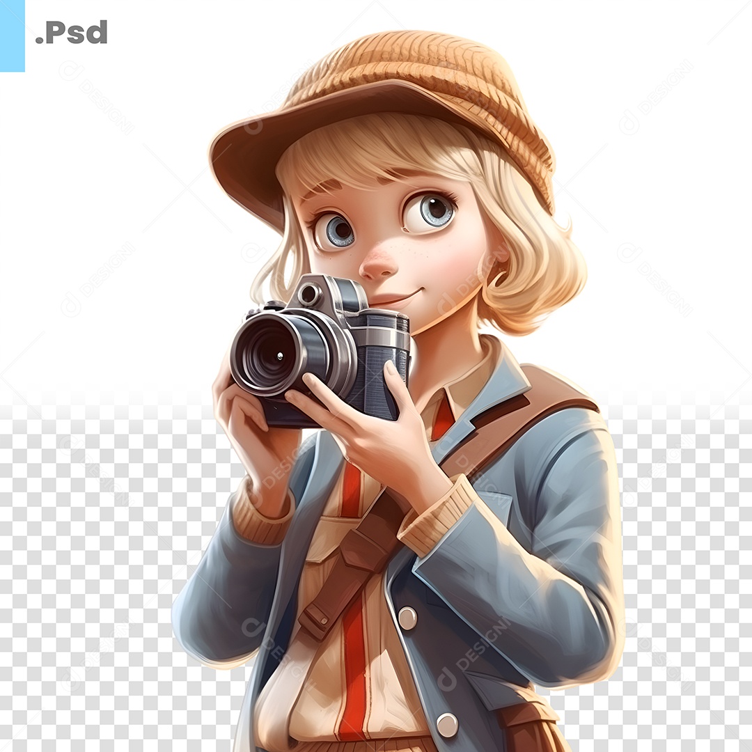 Personagem 3D Menina Loira Com Câmera Fotográfica Para Composição PSD