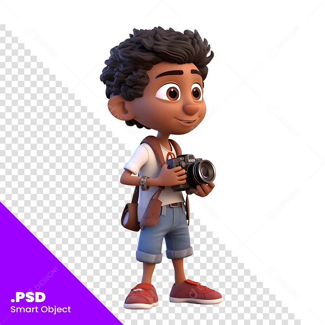 Personagem 3D Menino Com Câmera Fotográfica Para Composição PSD