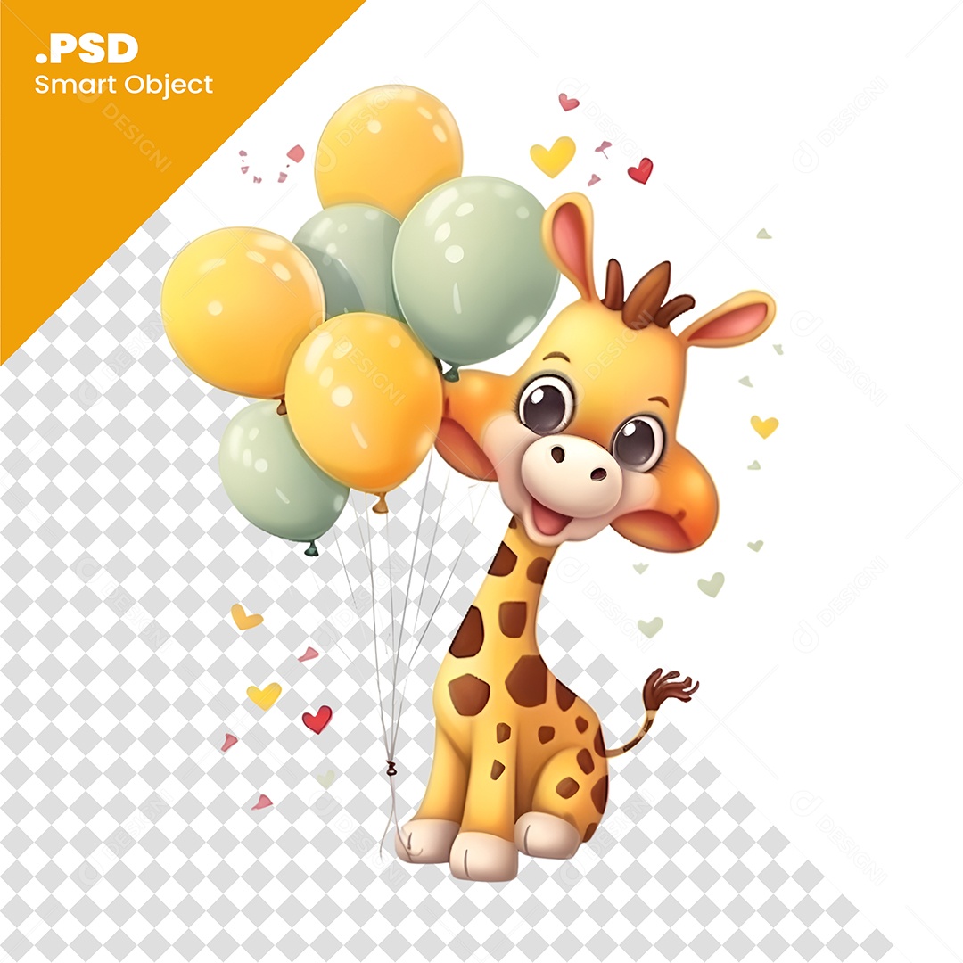 Personagem 3D Girafa Com Balões Para Composição PSD