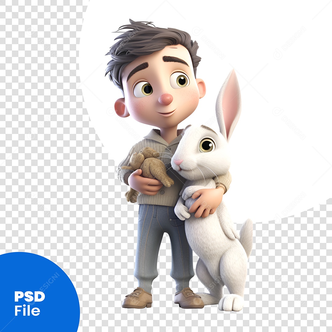 Personagem 3D Menino Com Coelho Para Composição PSD