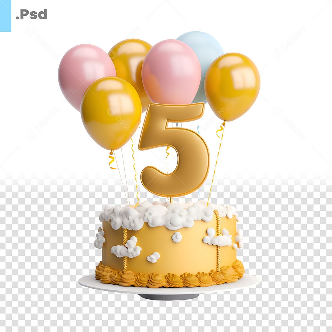 Modelo 3D Bolo De Aniversario 5 Anos Balão Para Composição PSD