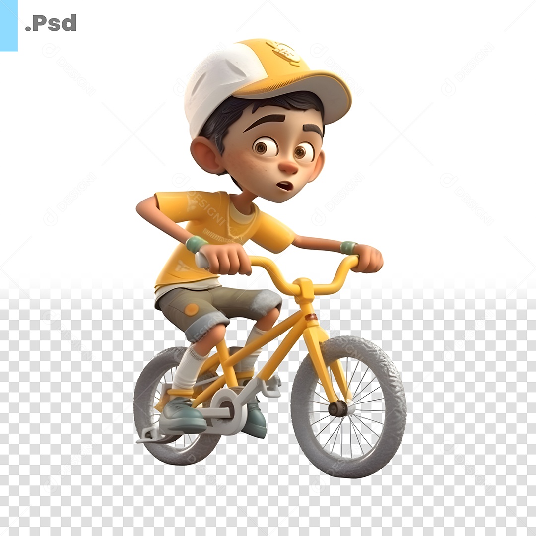 Personagem 3D Menino De Bicicleta Amarela Para Composição PSD