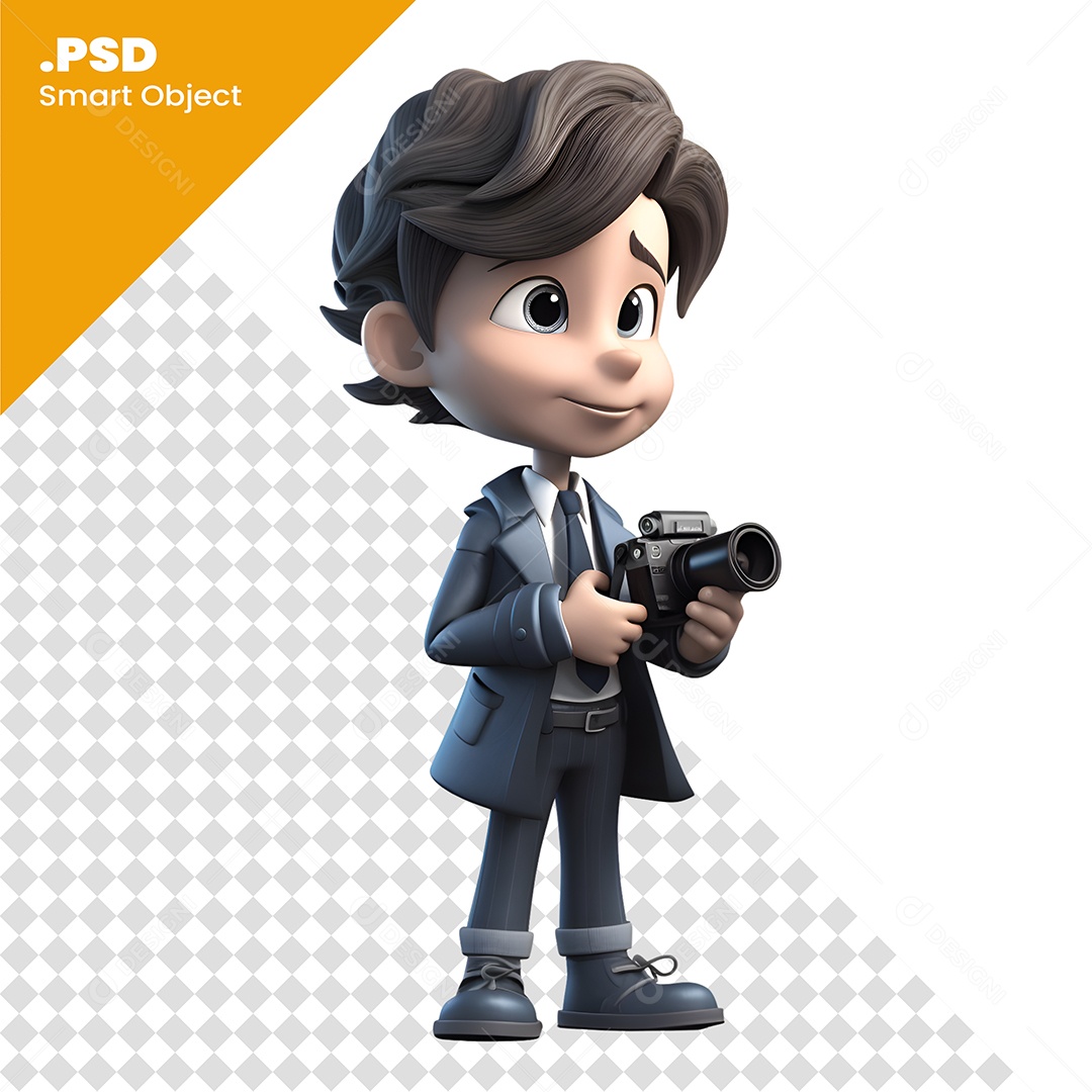 Personagem 3D Menino Fotografo Segurando Câmera Para Composição PSD