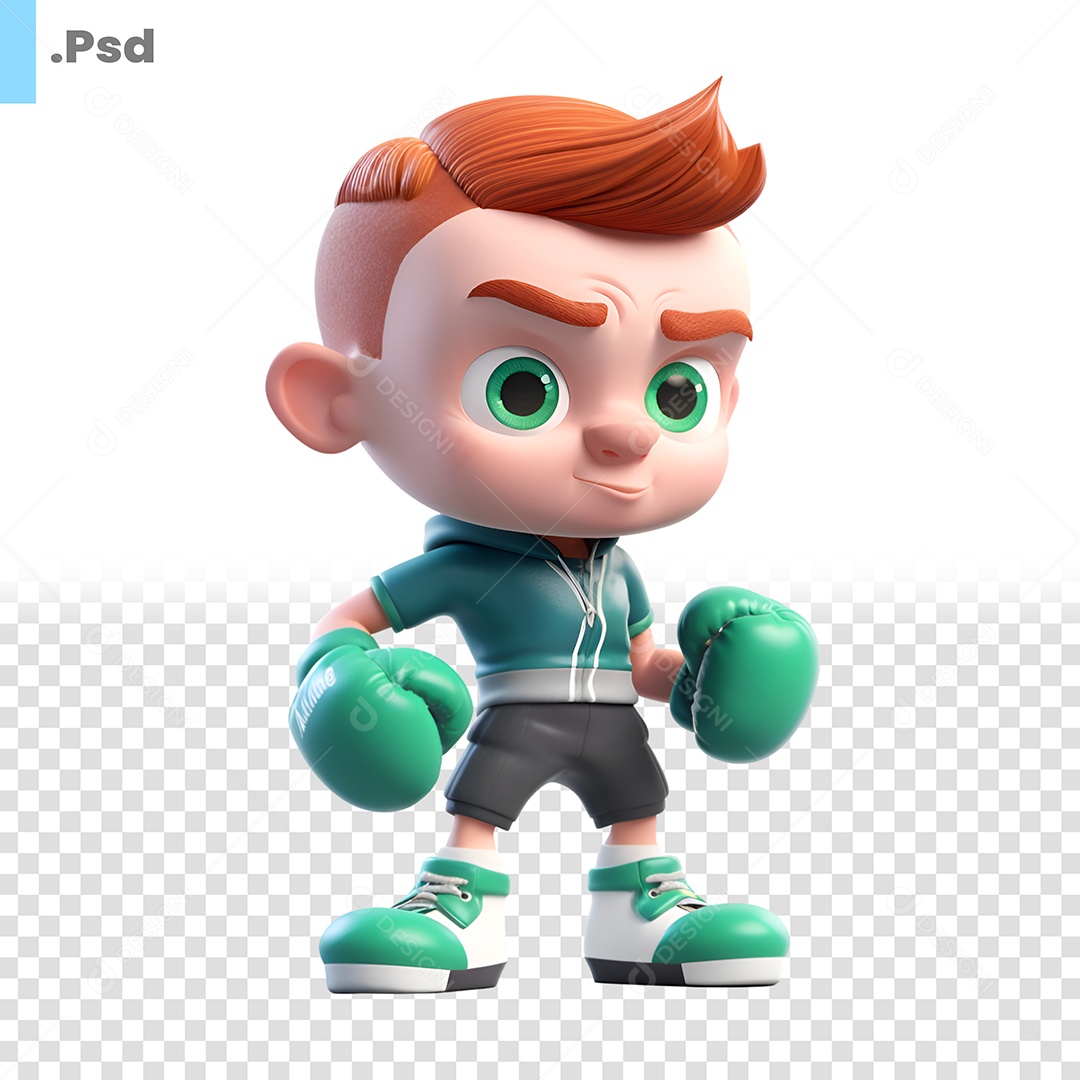Personagem 3D Menino Ruivo Com Luvas De Boxe Verde Para Composição PSD