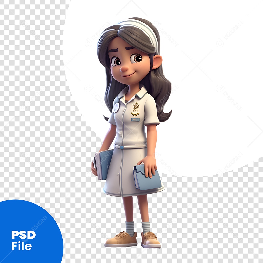 Personagem 3D Menina Com Uniforme e Livros Para Composição PSD