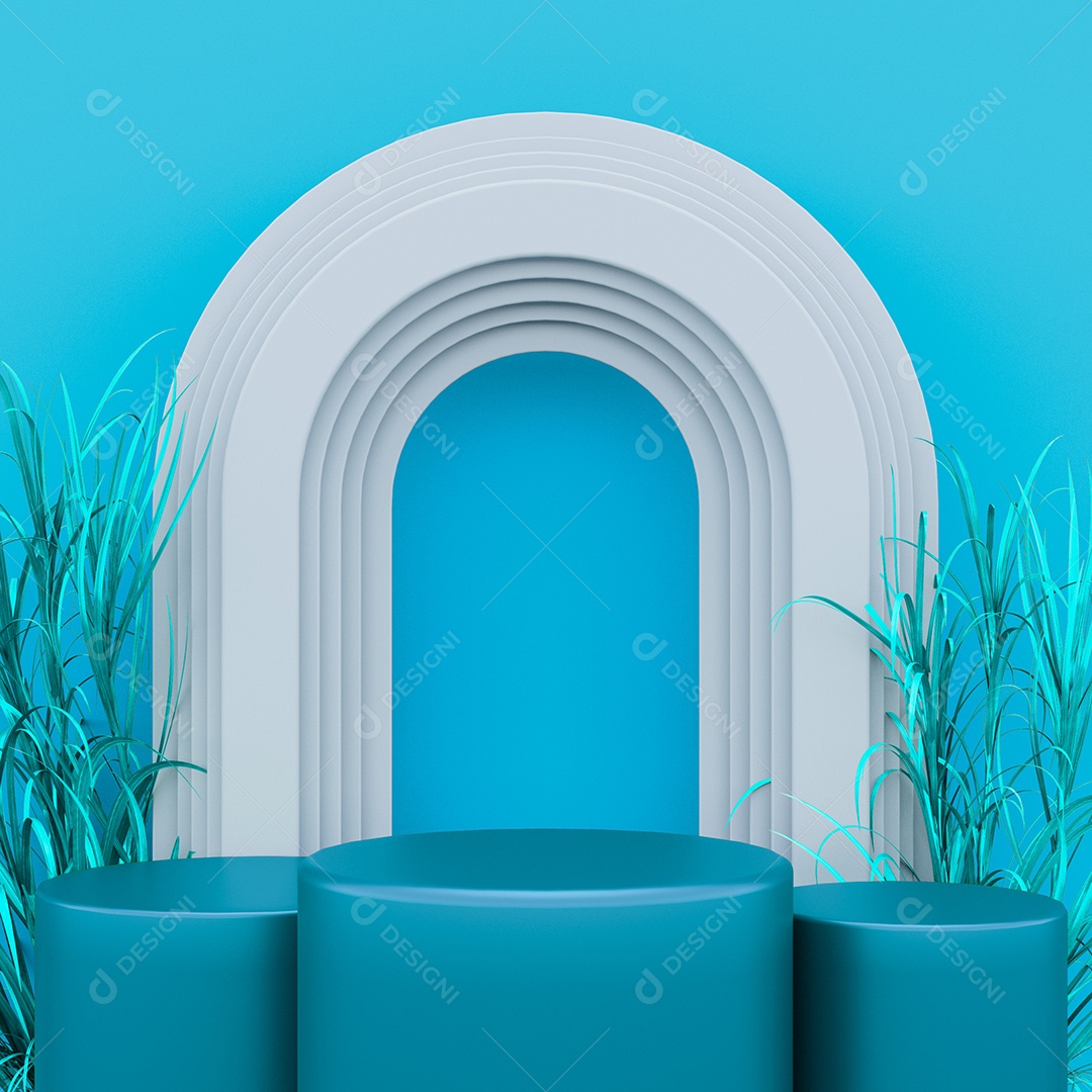 Cenário Pódio Azul Folhas Azul Para Exposição De Produto PSD