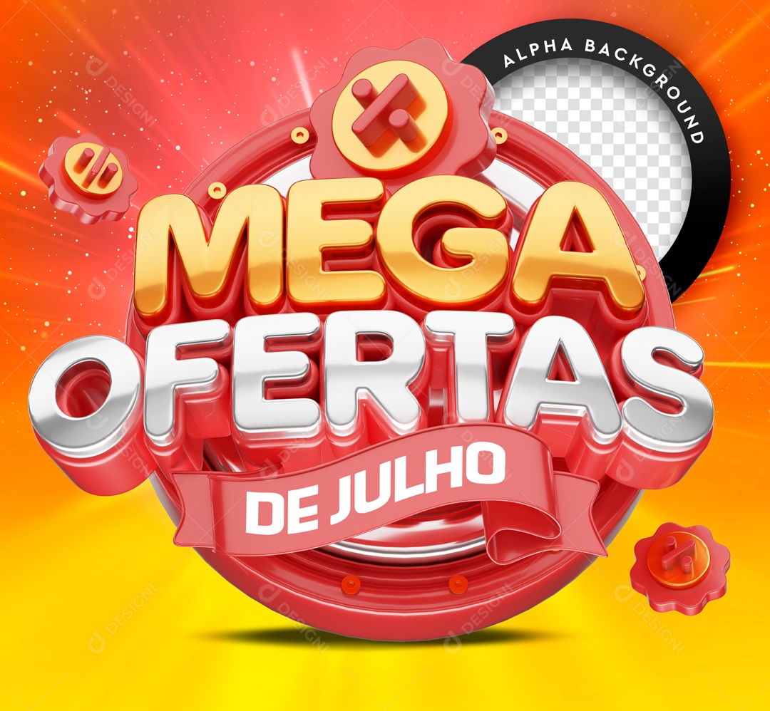Selo 3D Vermelho Mega Ofertas De Julho Para Composição PSD