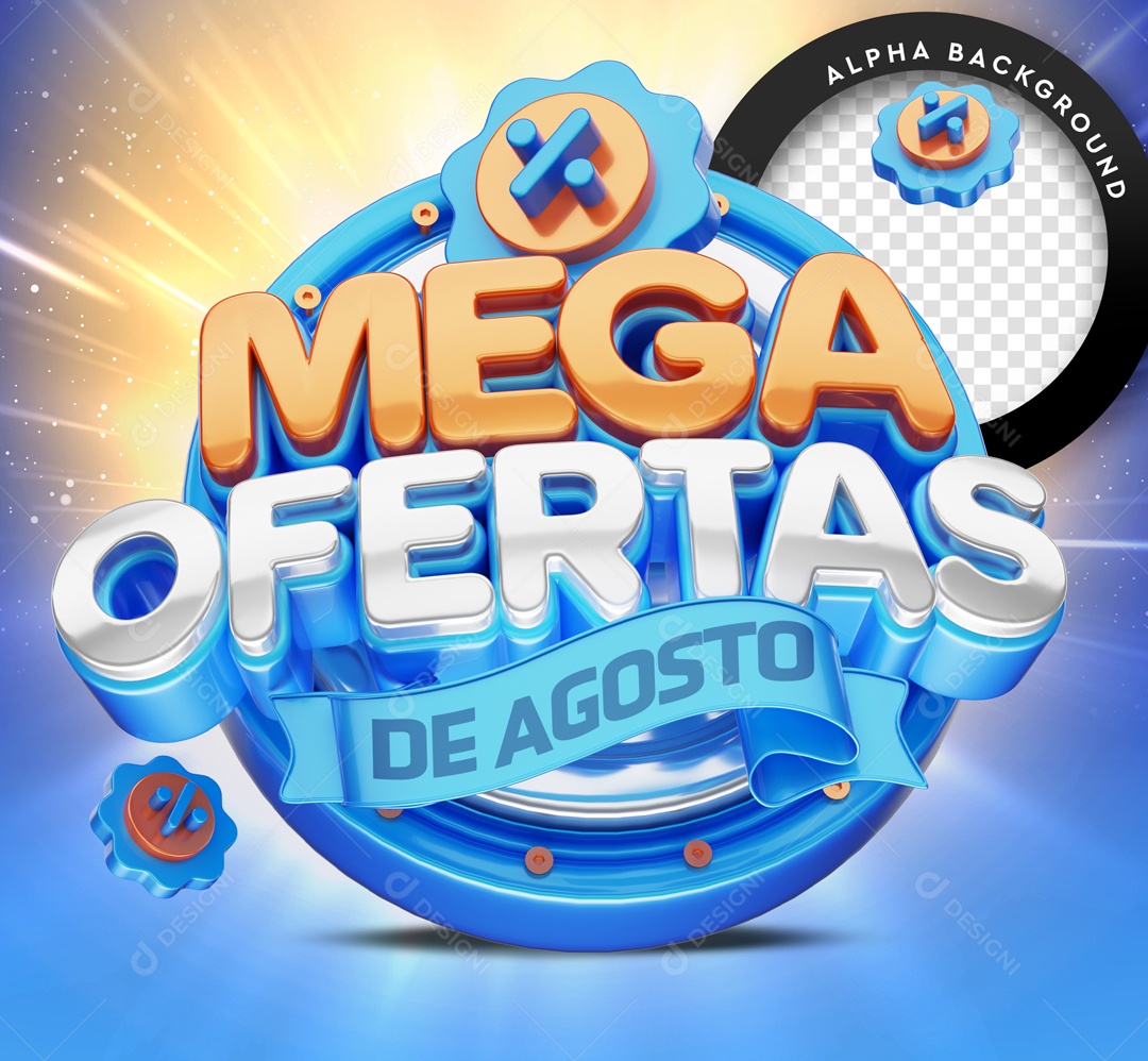 Selo 3D Azul Mega Ofertas De Agosto Para Composição PSD