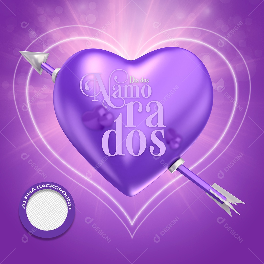 Selo 3D Dia Dos Namorados Coração Roxo Com Flecha Para Composição PSD