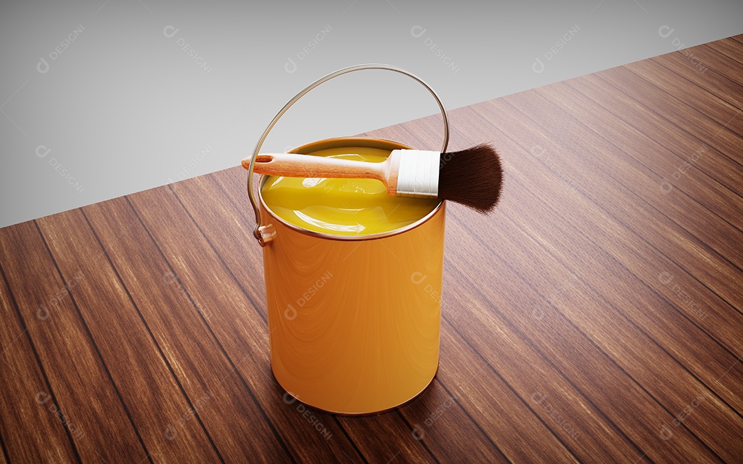 Lata de amarela e pincel para pinturas