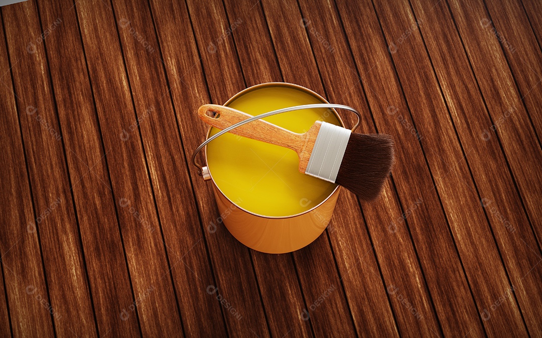 Lata de amarela e pincel para pinturas