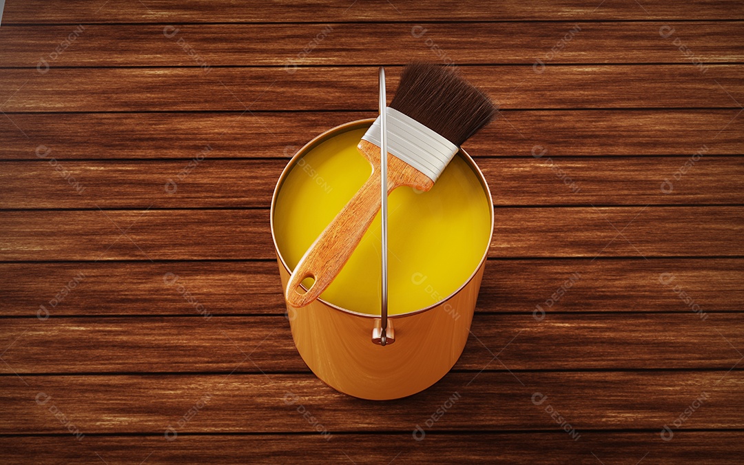 Lata de amarela e pincel para pinturas