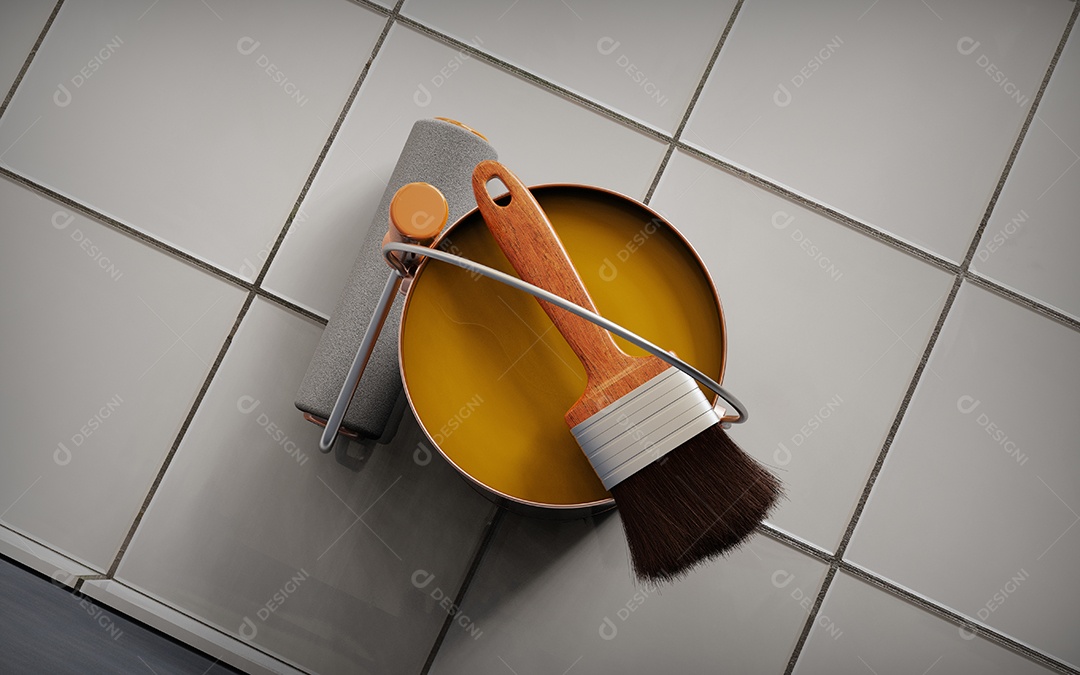 Lata de amarela e pincel para pinturas