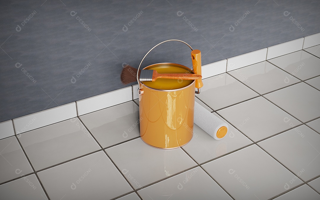 Lata de amarela e pincel para pinturas