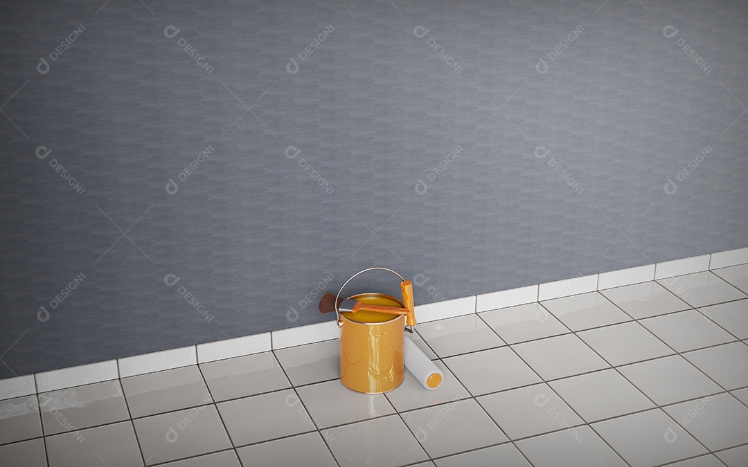 Lata de amarela e pincel para pinturas