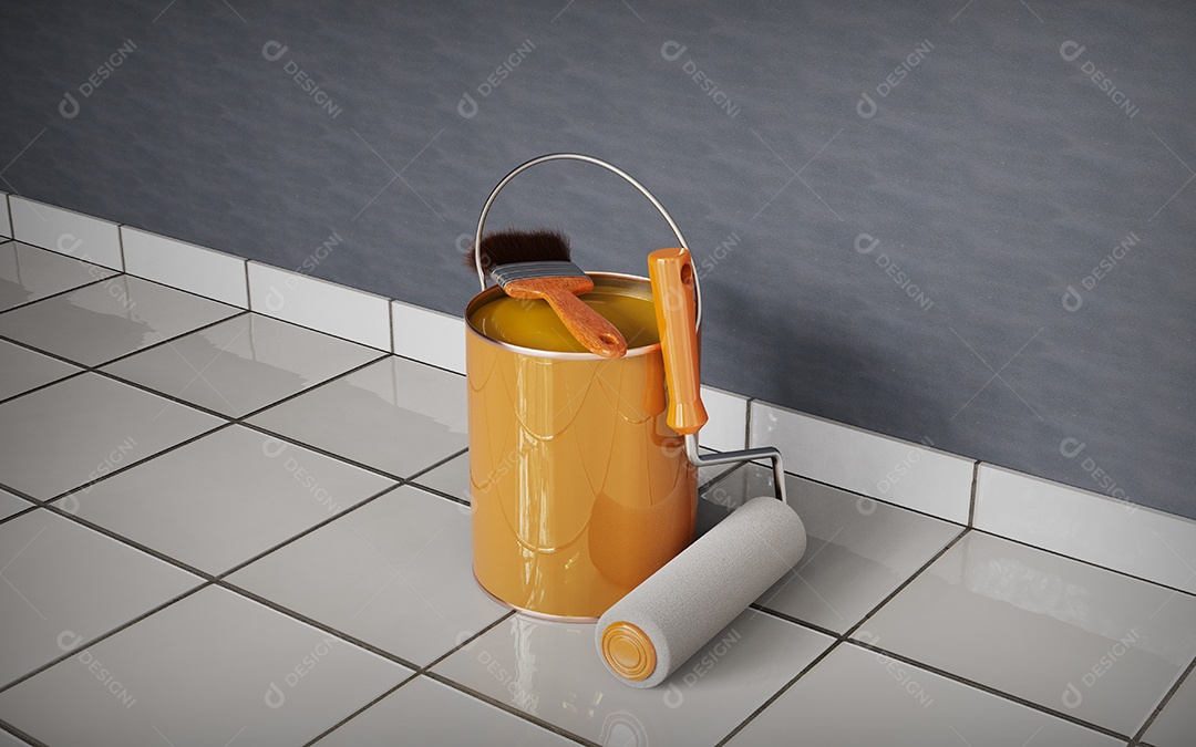 Lata de amarela e pincel para pinturas