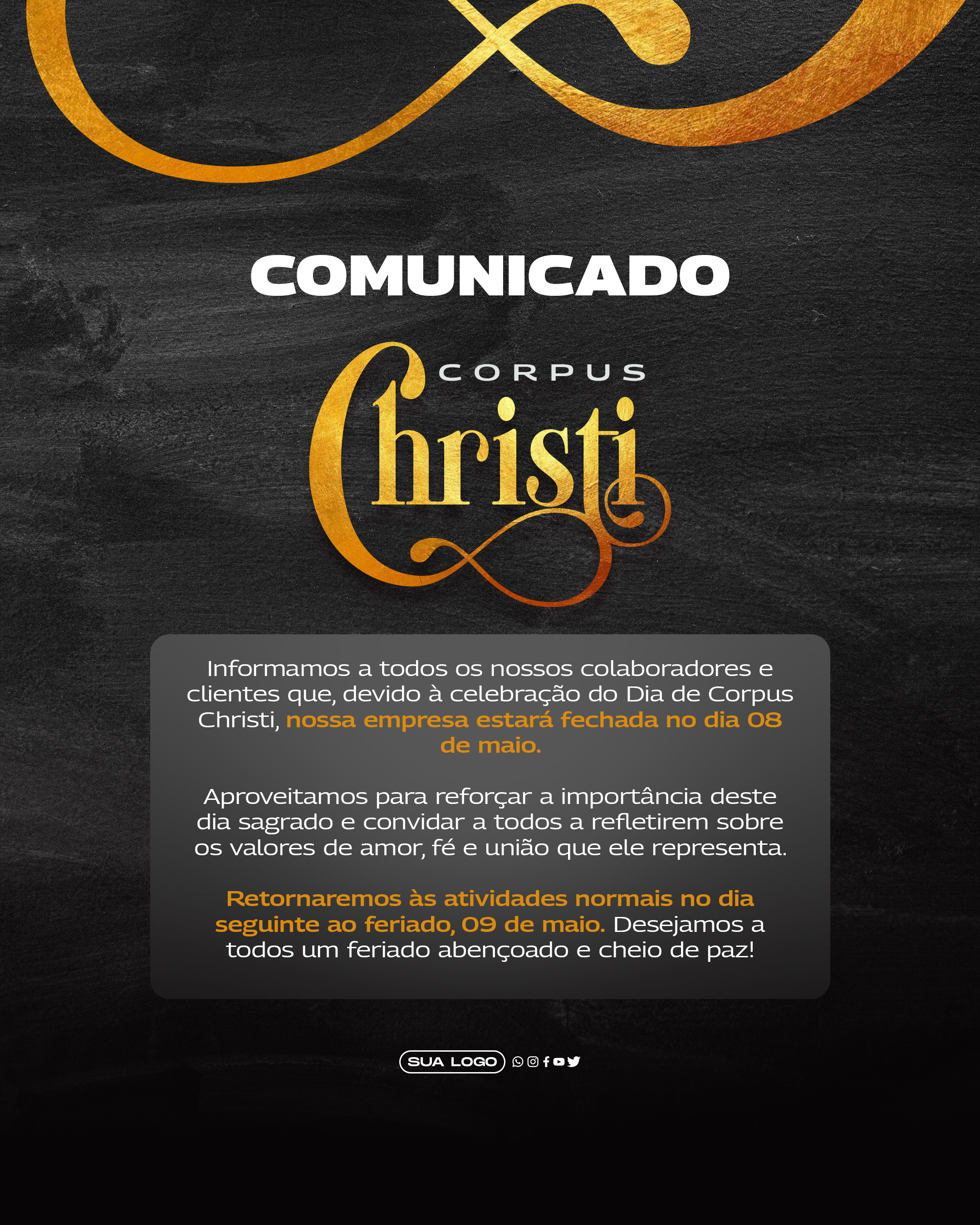 Post Corpus Christi Comunicado Social Media PSD Editável
