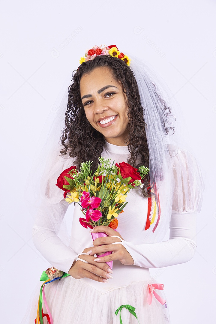 Linda mulher vestida de noiva para festa junina
