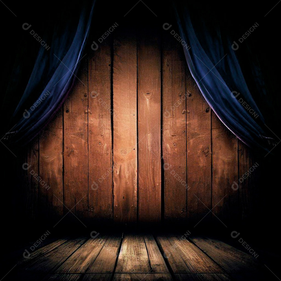 Ia Fundo de Madeira Rústica Com Cortinas Azul Social Media PSD Editável