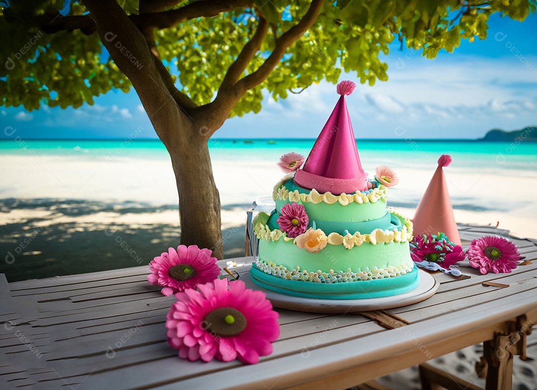 Comemoração de aniversário na praia com delicioso bolo