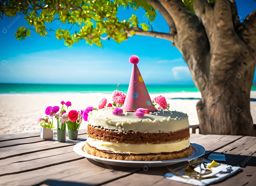 Comemoração de aniversário na praia com delicioso bolo