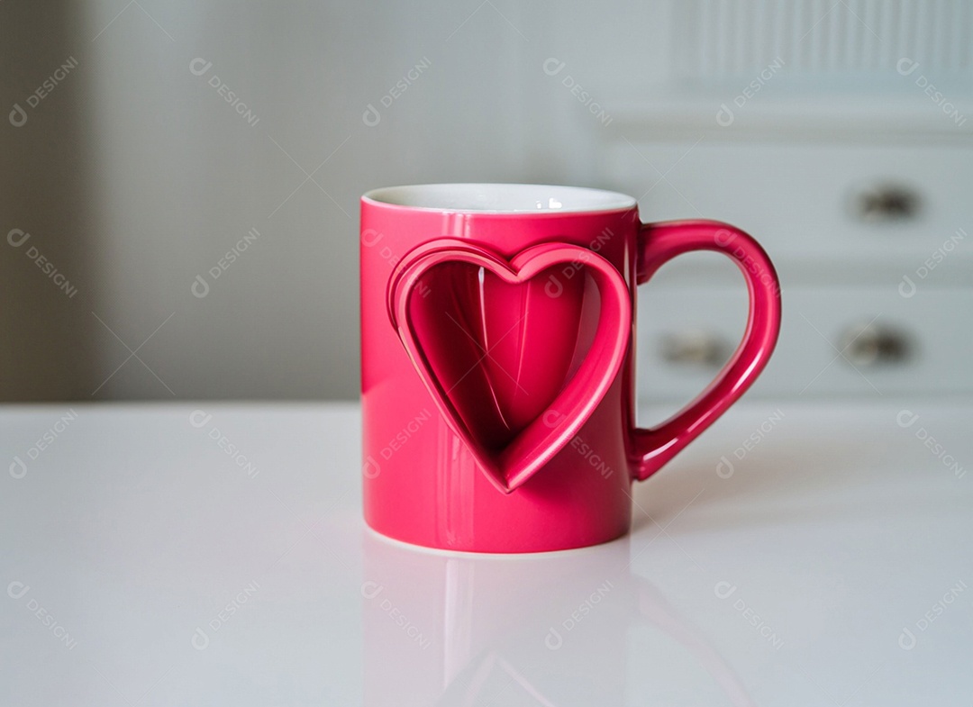 Xícara rosa com coração sobre a mesa