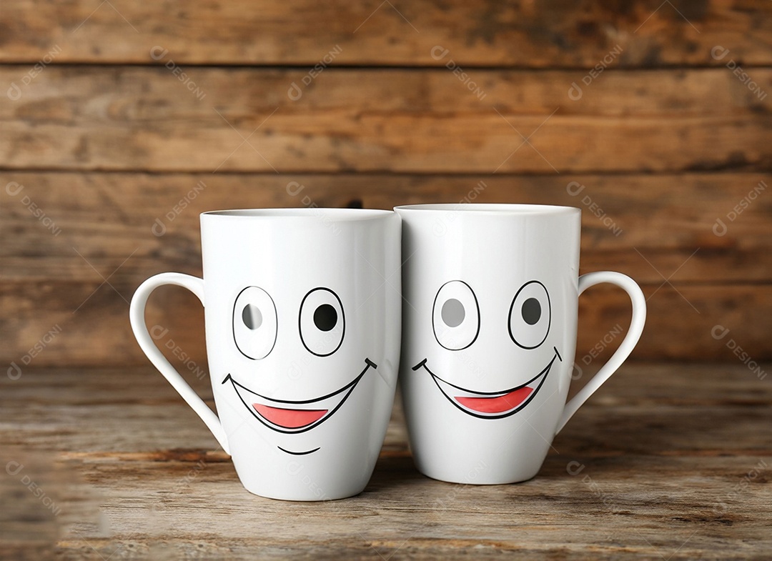 Conjunto de xícaras brancas com rosto sorridentes