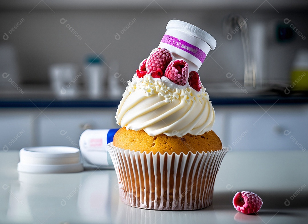 Delicioso cupcake com chantilly e framboesas