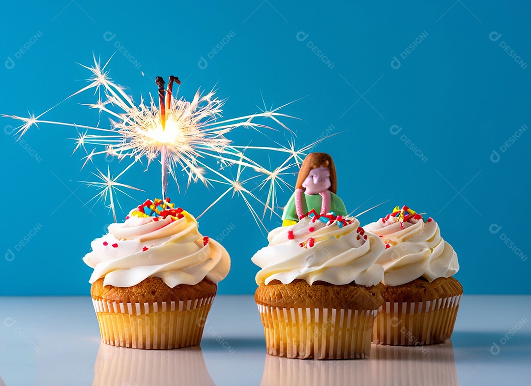 Delicioso cupcake com chantilly e vela de aniversário