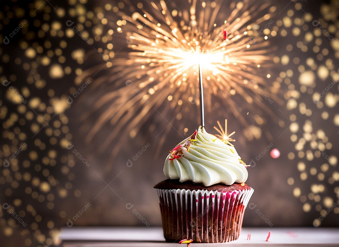 Delicioso cupcake com chantilly e vela de aniversário