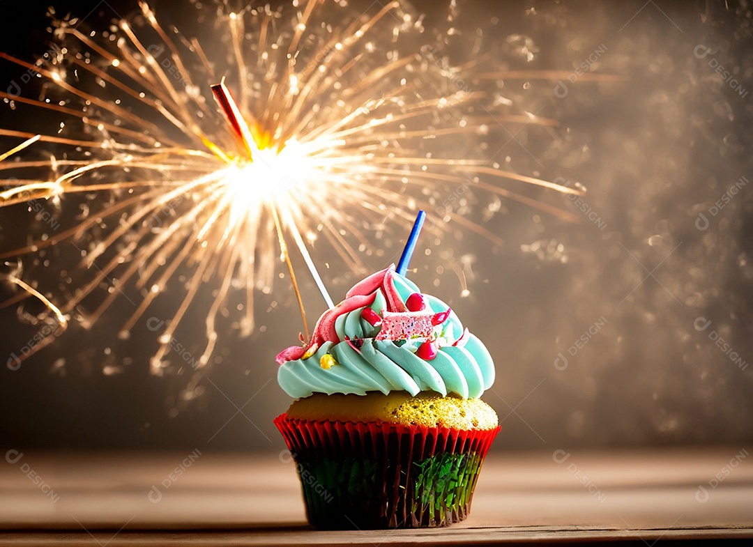 Delicioso cupcake com chantilly e vela de aniversário