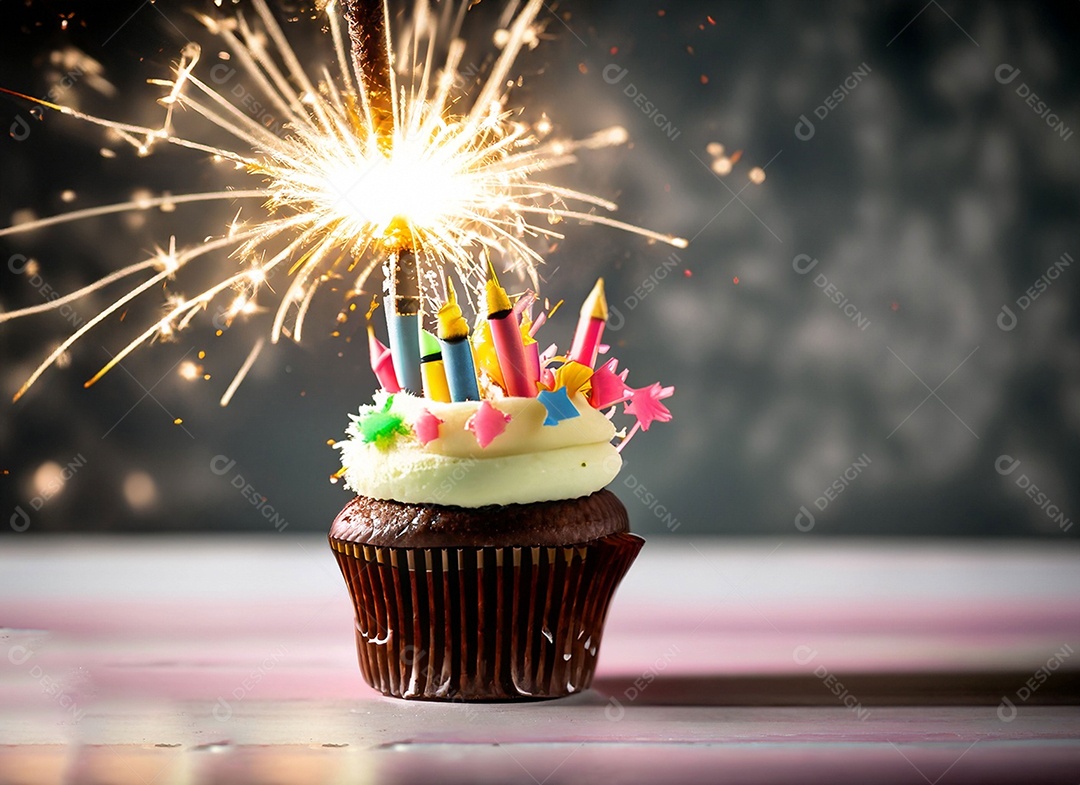 Delicioso cupcake com chantilly e vela de aniversário