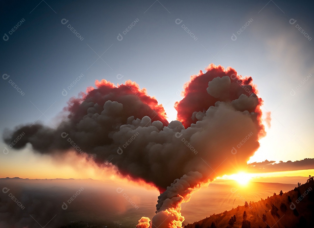 Lindo pôr do sol com nuvem em formato de coração